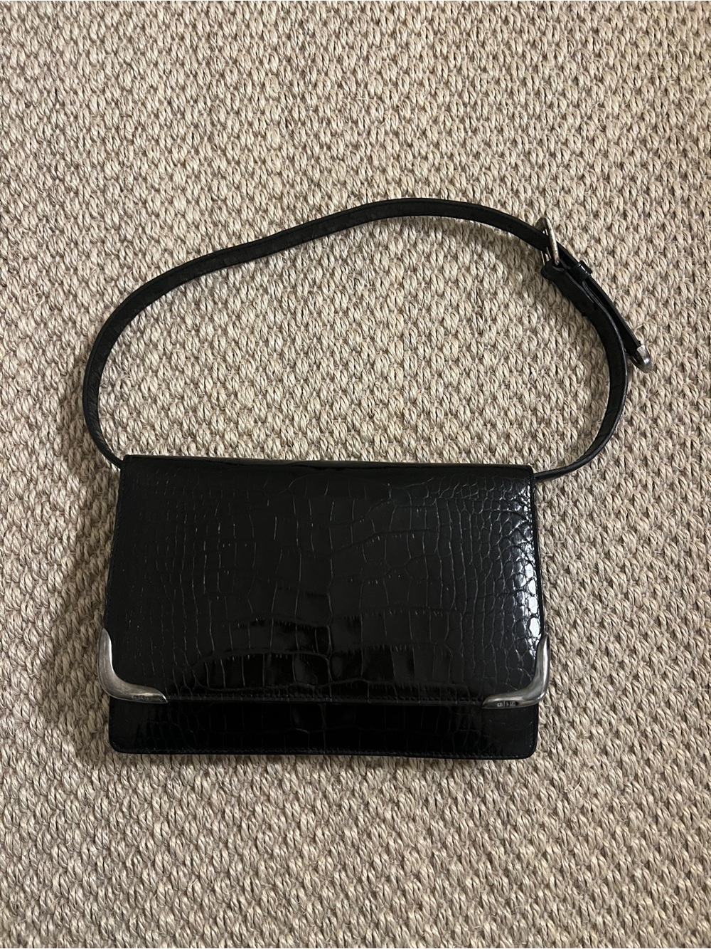 Ralph Lauren Black Leather Croc Embossed Bag Clutch Sterling Silver 925 Hardware